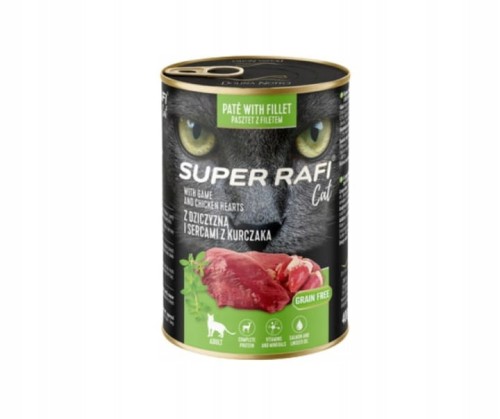 SUPER RAFI Cat dziczyzna i serca z kurczaka 400g - mokra karma dla kota